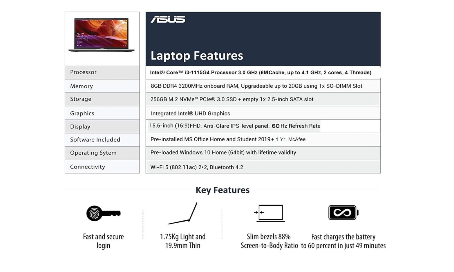 ASUS VivoBook 15-X515EA-BQ312TS 15.6-inch FHD IPS, Intel Core i3-1115G4, 8GB RAM,256 GB NVMe SSD,Win