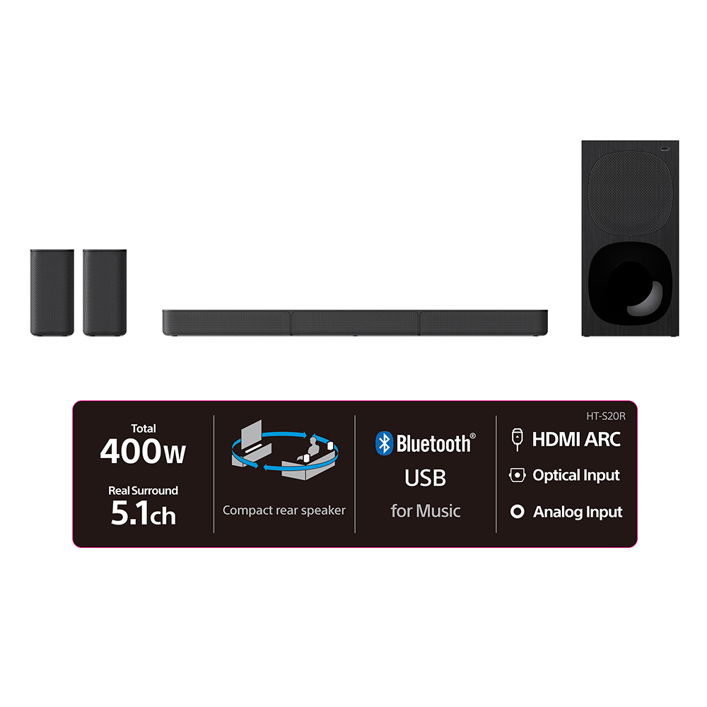 Sony HT-S20R 400 watts 5.1 Channel Dolby Digital Soundbar Home Theatre System(Bluetooth Connectivity